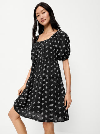 Puff-Sleeve Smocked Mini Swing Dress.