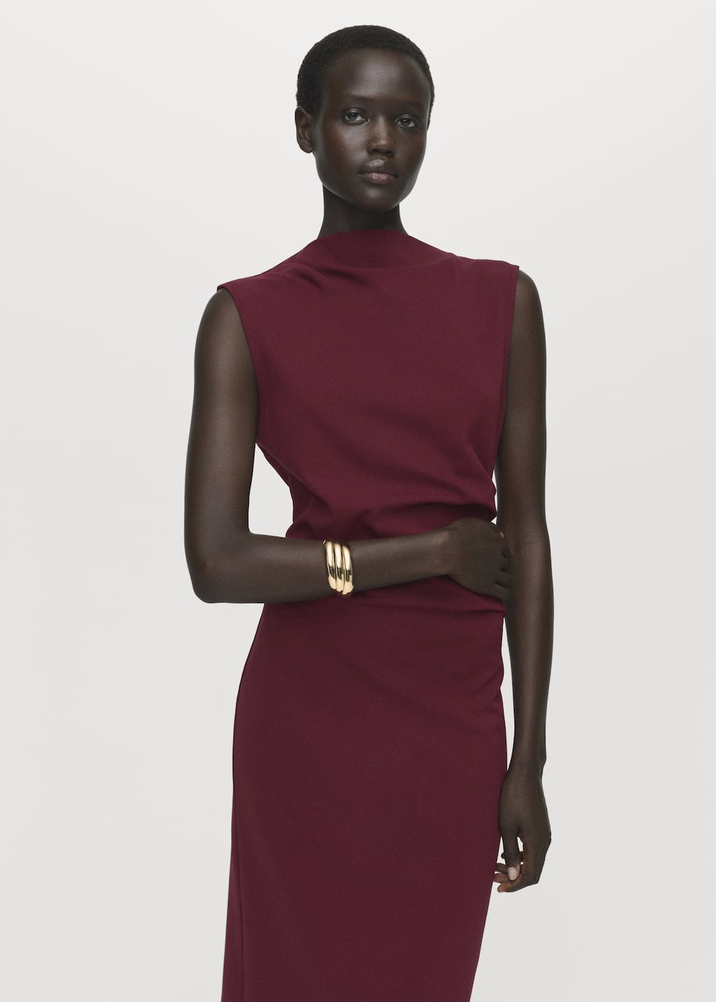 high neck shirred waist dress ASOS DESIGN high neck soft midi dress with shirred waist detail in stone