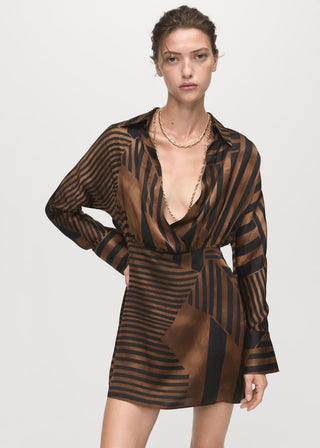 Vestido Manga Larga Satinado Estampado Rayas