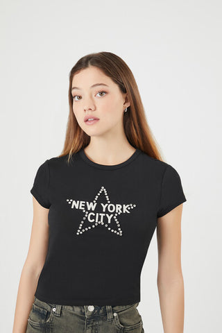 Camiseta Con Diamantes De Imitación De La Ciudad De Nueva York