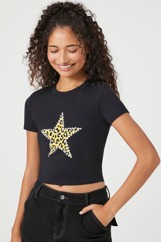 Camiseta Corta con Estampado de Estrella de Leopardo