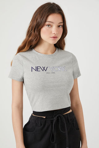 Camiseta Corta de Canalé con Gráfico New York