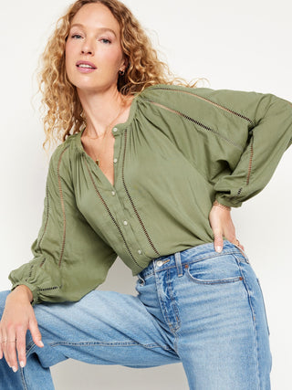 Blusa Boho con Botones Delanteros y Fruncido